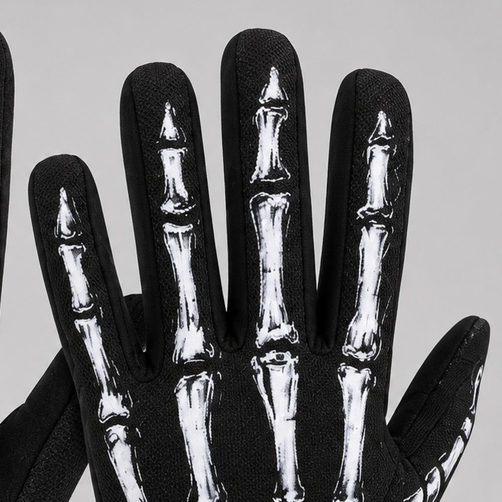 Black glove with white skeleton bone print worn on hand | Chaps London