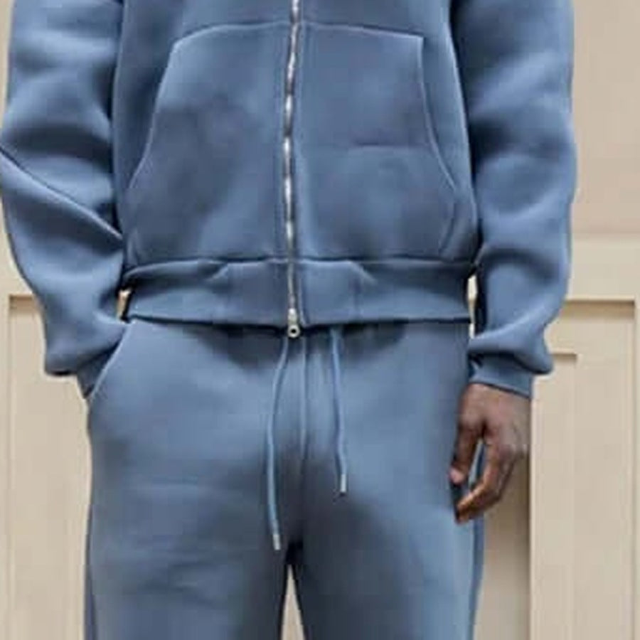 Blue zip-up hoodie and matching wide-leg joggers worn by person | Chaps London