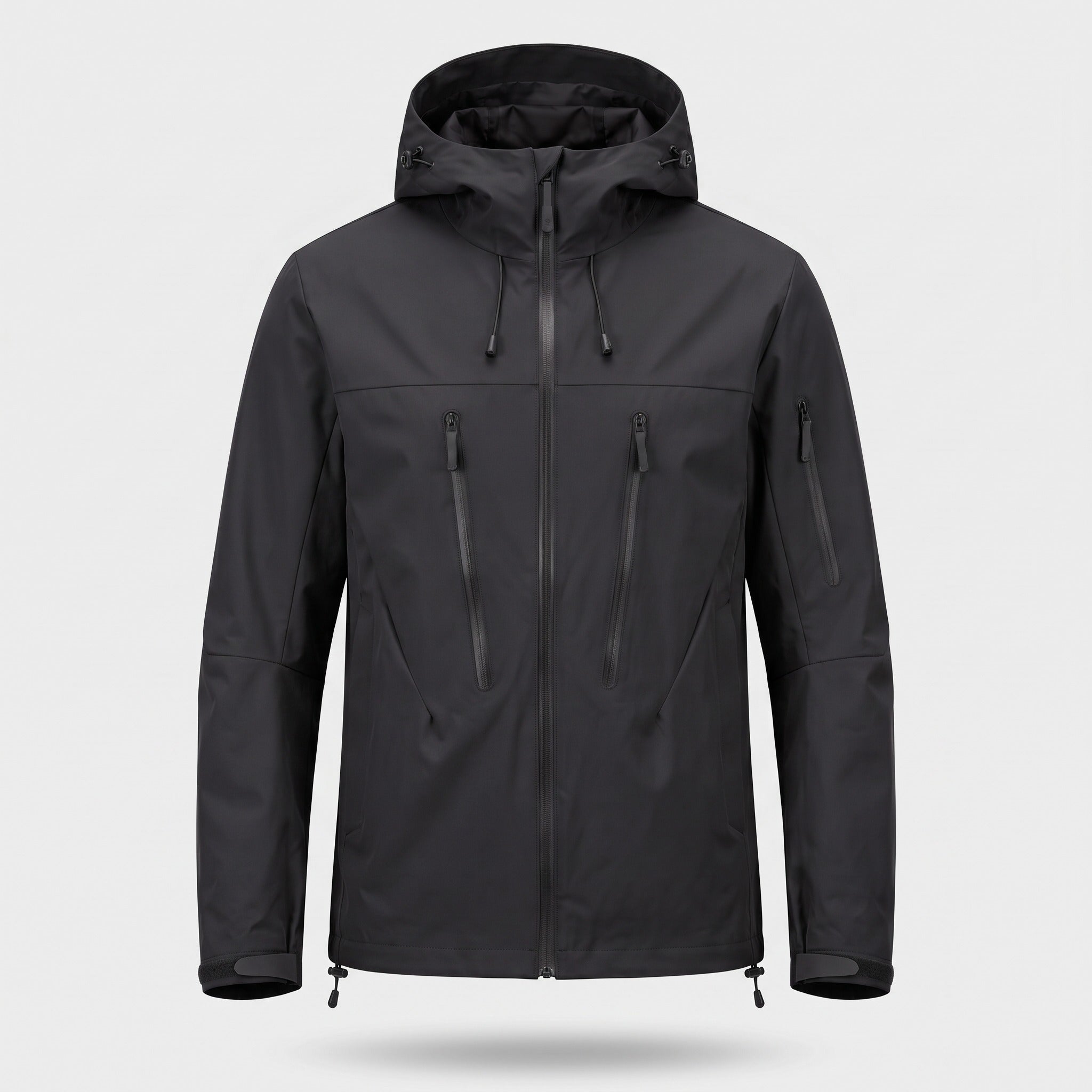 Black hooded rain jacket with zip pockets, shown on mannequin | Chaps London