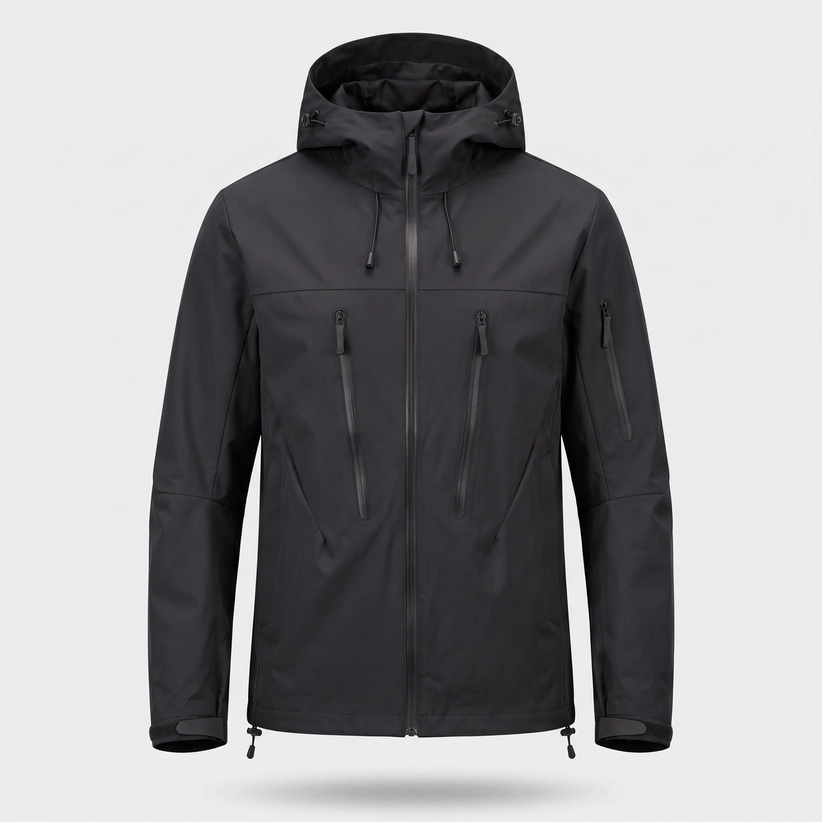 Black hooded rain jacket with zip pockets, shown on mannequin | Chaps London
