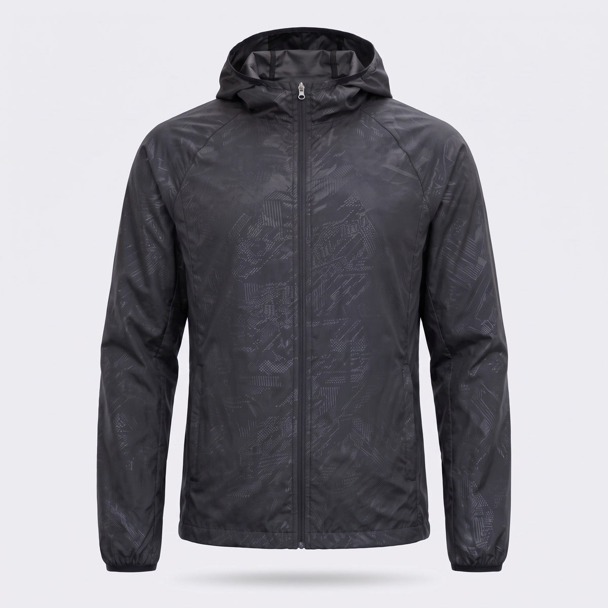 Black hooded windbreaker jacket with subtle pattern, shown flat, zipped up | Chaps London