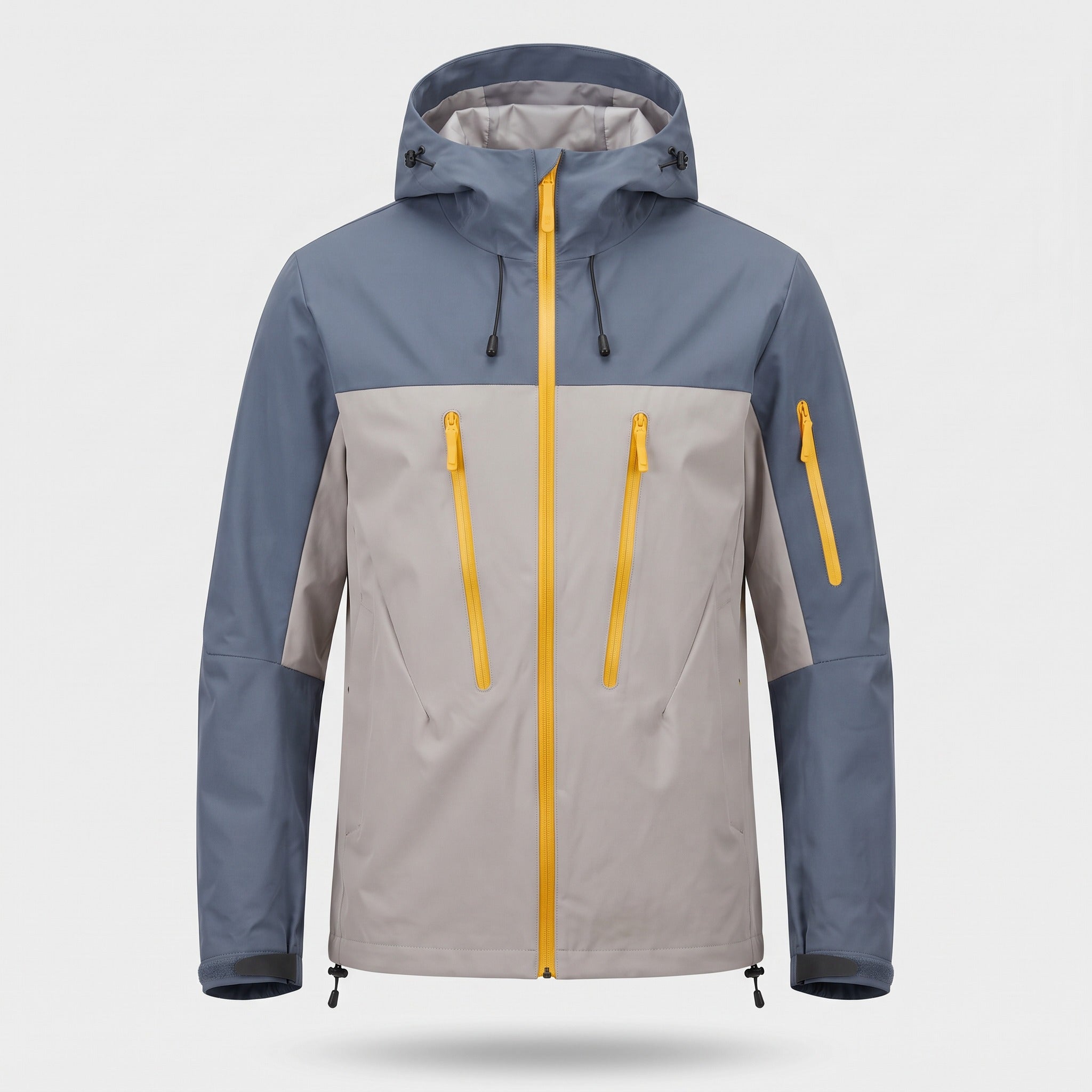 Gray and blue hooded rain jacket with yellow zippers, shown flat | Chaps London