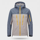 Gray and blue hooded rain jacket with yellow zippers, shown flat | Chaps London