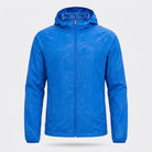 Blue hooded windbreaker jacket with subtle texture, shown flat on background | Chaps London