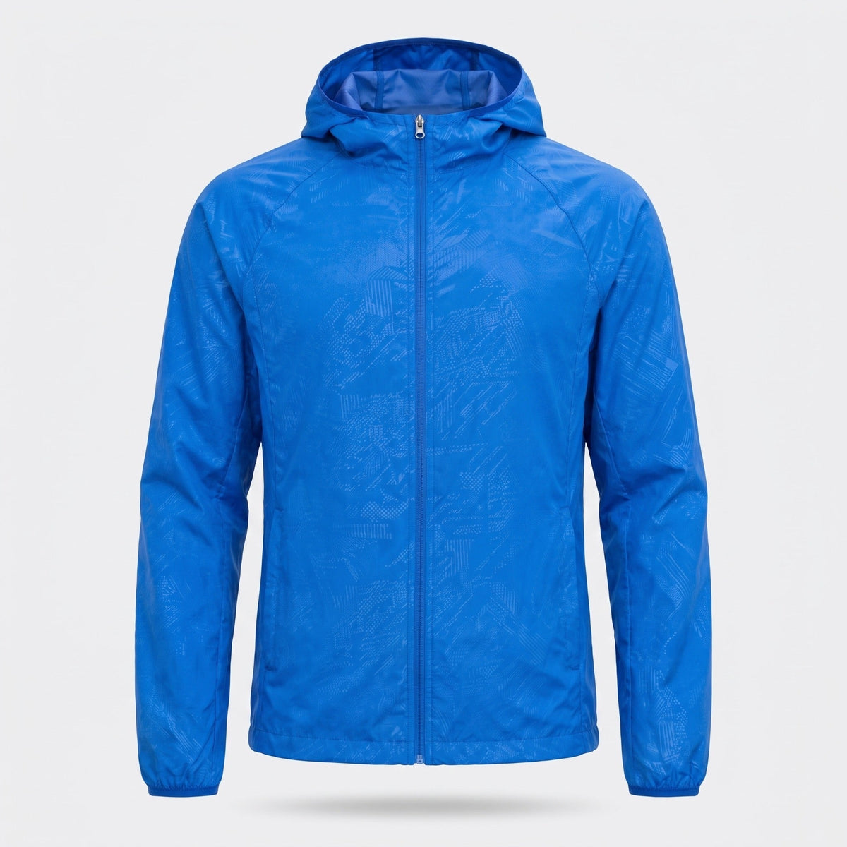 Blue hooded windbreaker jacket with subtle texture, shown flat on background | Chaps London