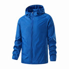 Blue hooded lightweight jacket with front zipper, shown on invisible mannequin | Chaps London