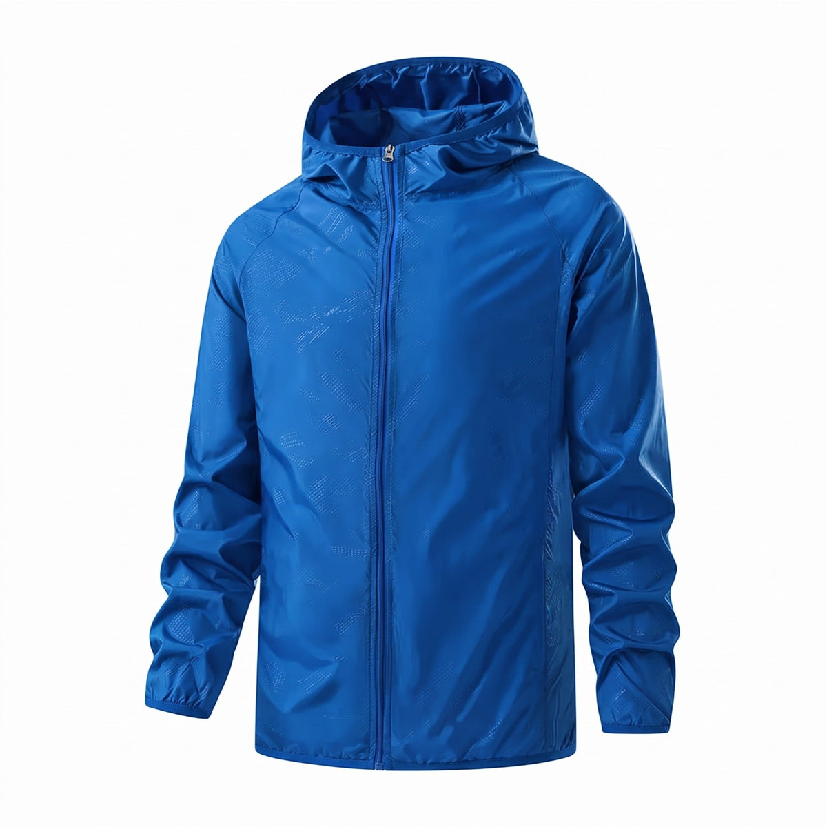 Blue hooded lightweight jacket with front zipper, shown on invisible mannequin | Chaps London