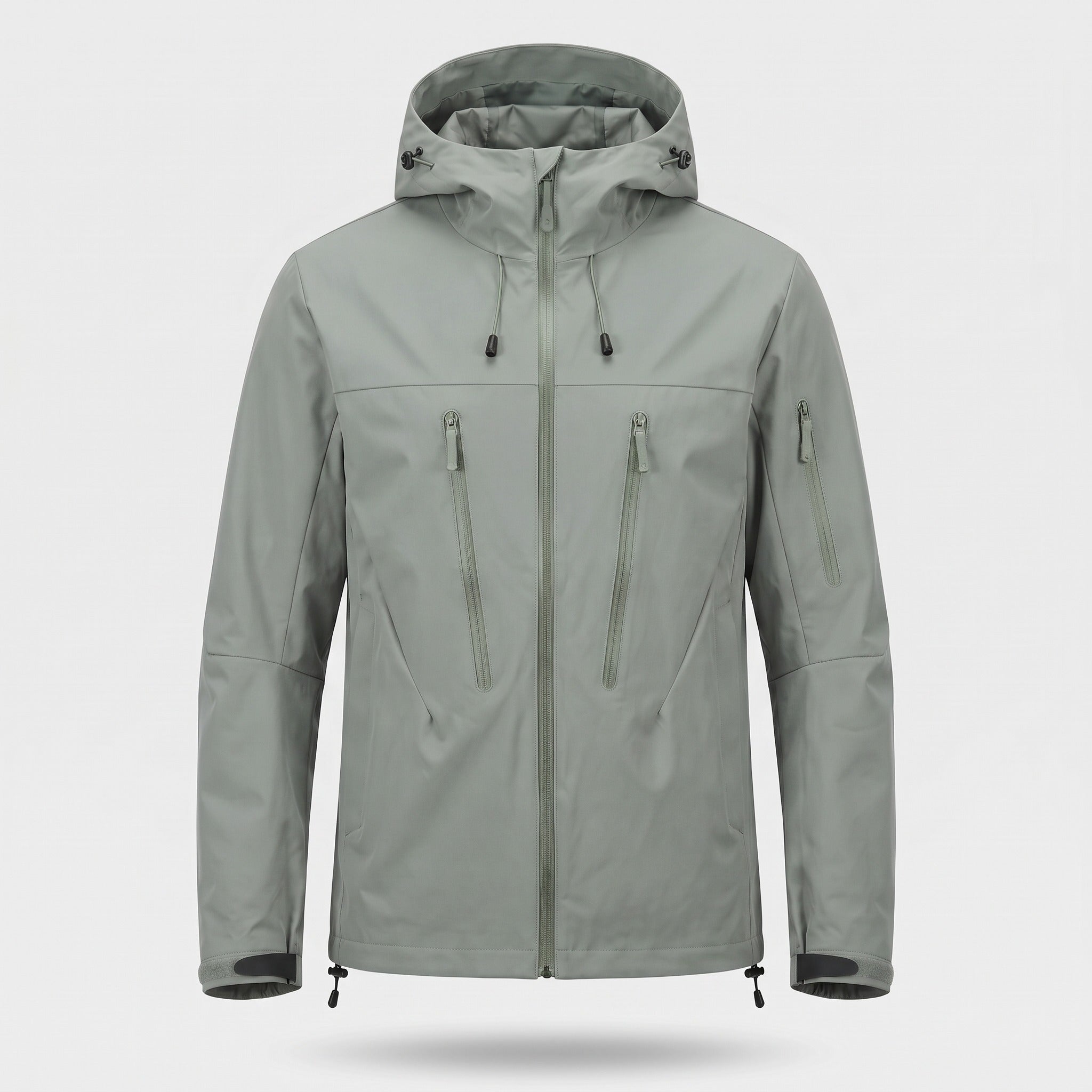 Gray hooded rain jacket with zip pockets, worn by a person | Chaps London