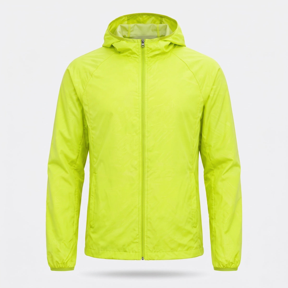 Bright green hooded windbreaker jacket, full zip front, shown flat | Chaps London