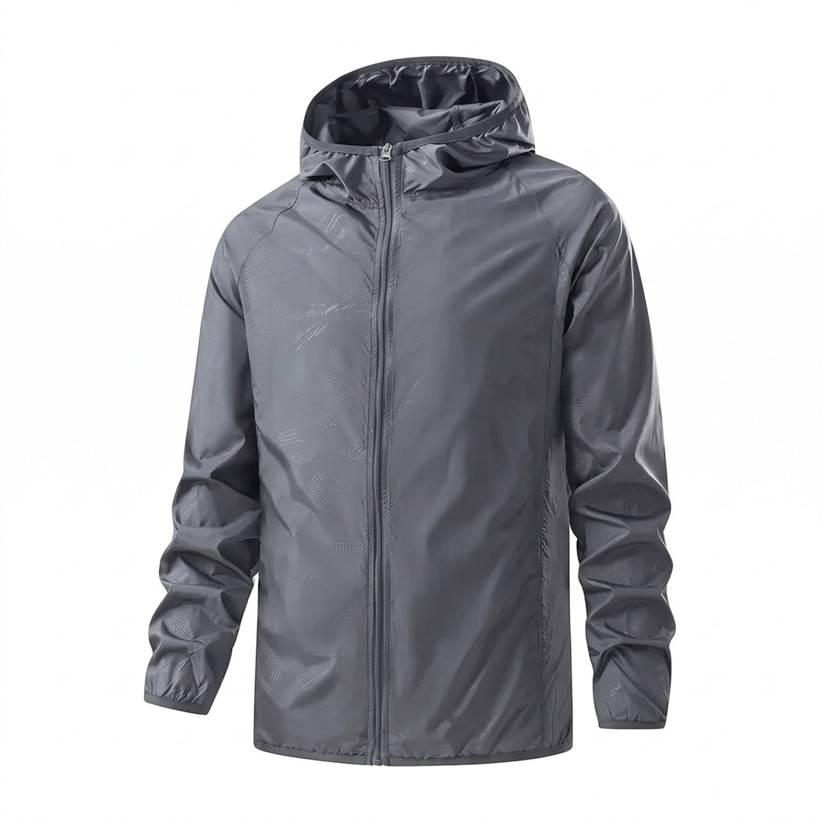 Gray hooded zip-up jacket displayed on mannequin, front view, lightweight design | Chaps London