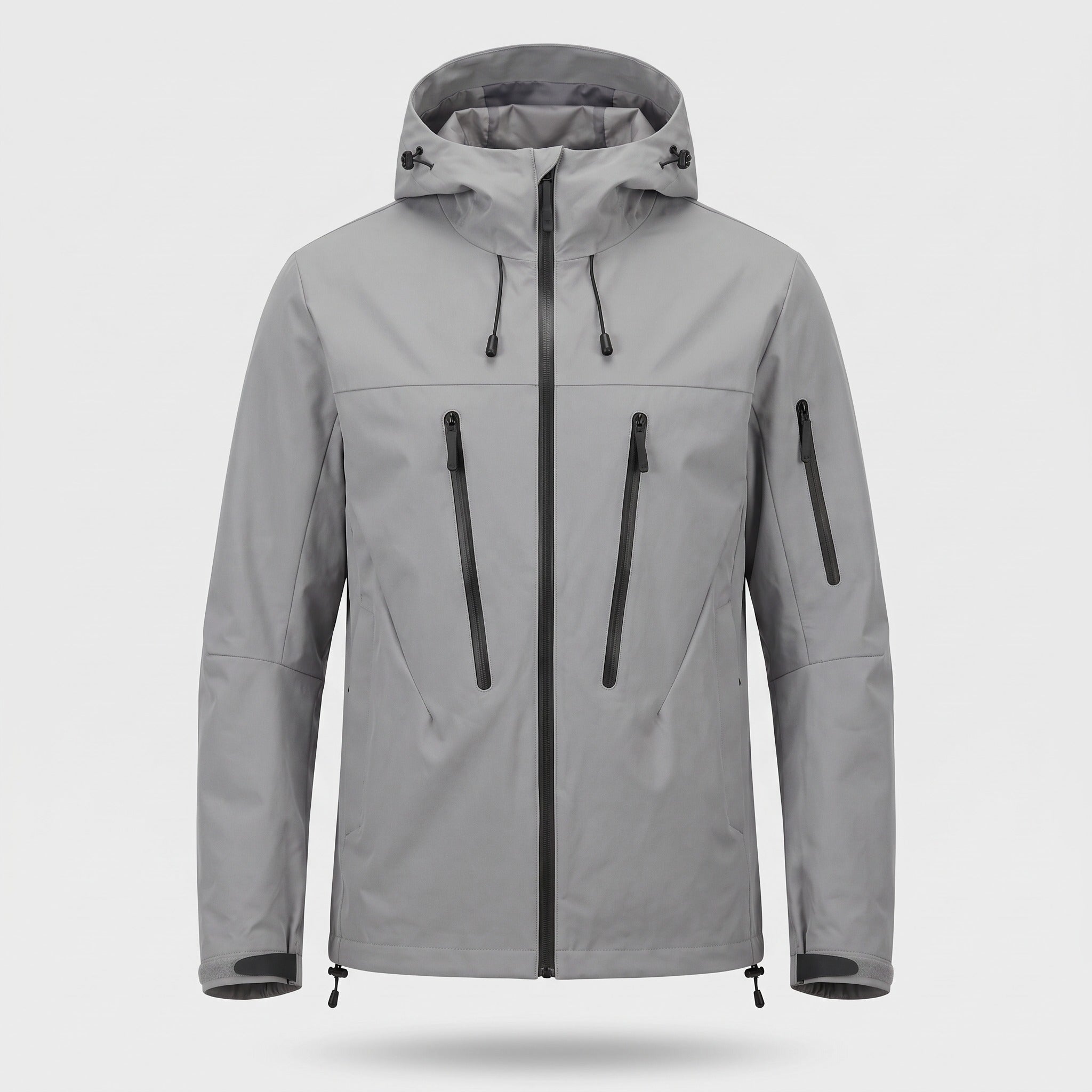 Gray hooded technical jacket with zip pockets, shown on invisible mannequin | Chaps London