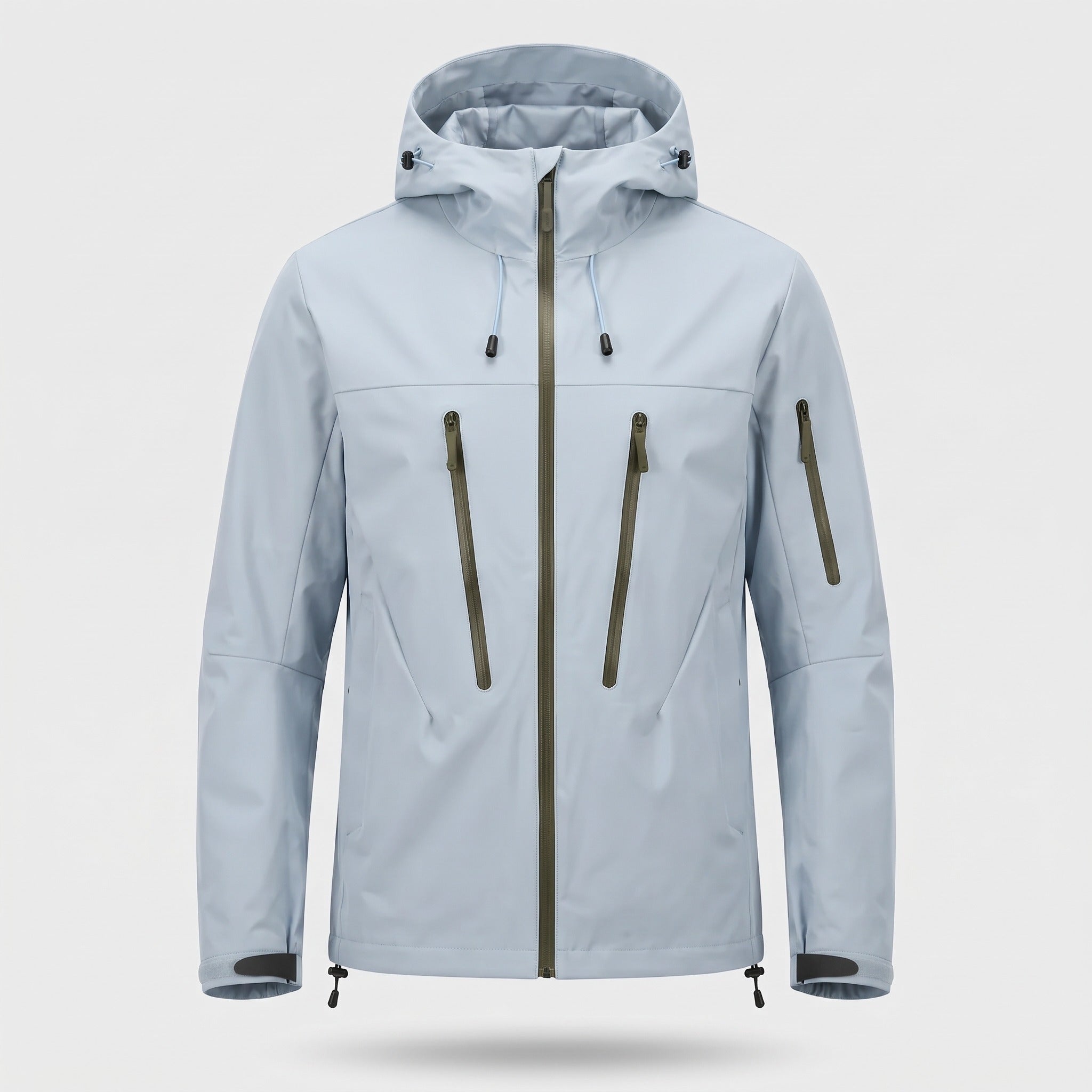 Light gray hooded rain jacket with olive zippers, shown on invisible mannequin | Chaps London