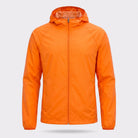 Orange hooded lightweight windbreaker jacket shown flat, front view, zippered | Chaps London
