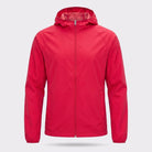Red hooded windbreaker jacket with front zipper, shown flat on background | Chaps London