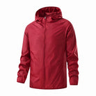 Red hooded zip-up jacket on mannequin, lightweight plain fabric | Chaps London
