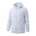 White hooded zip-up jacket displayed flat, front view, lightweight design | Chaps London
