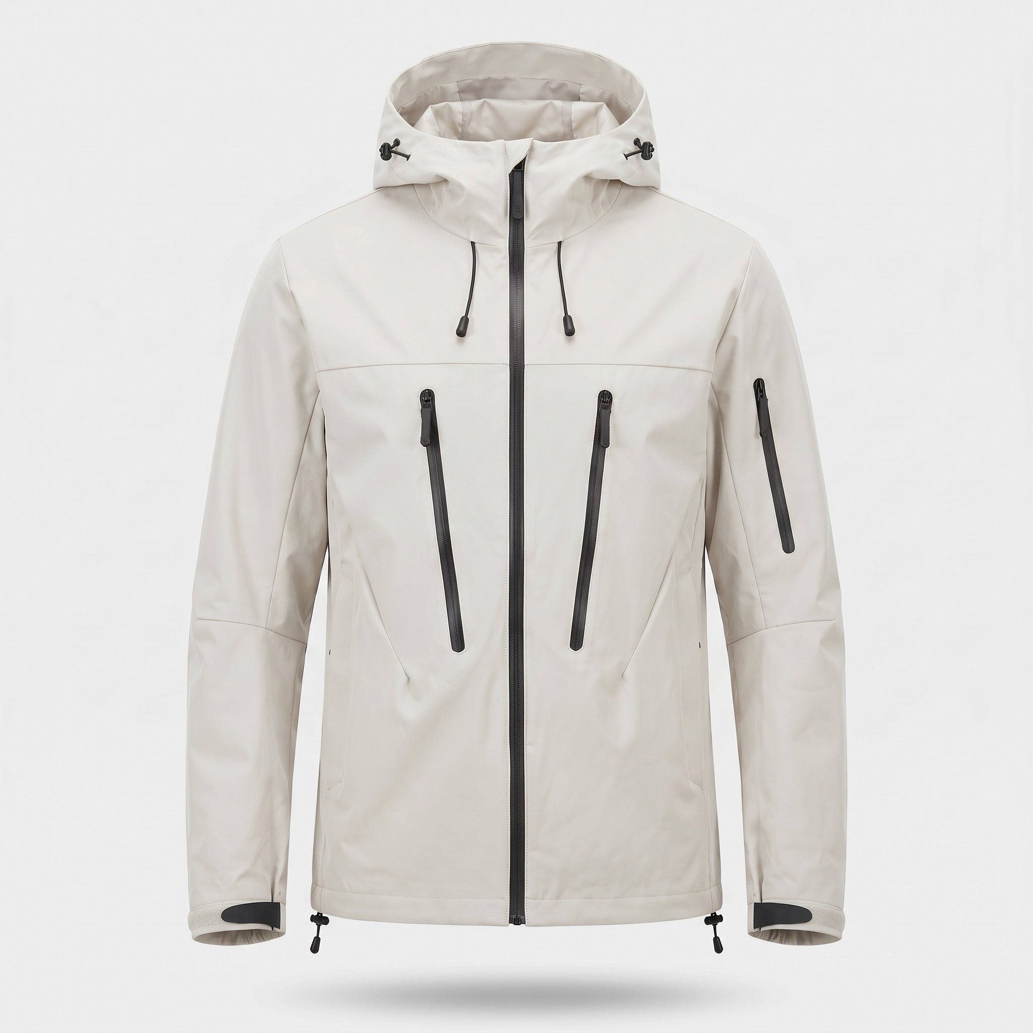 Beige hooded rain jacket with zip pockets, shown on invisible mannequin form | Chaps London