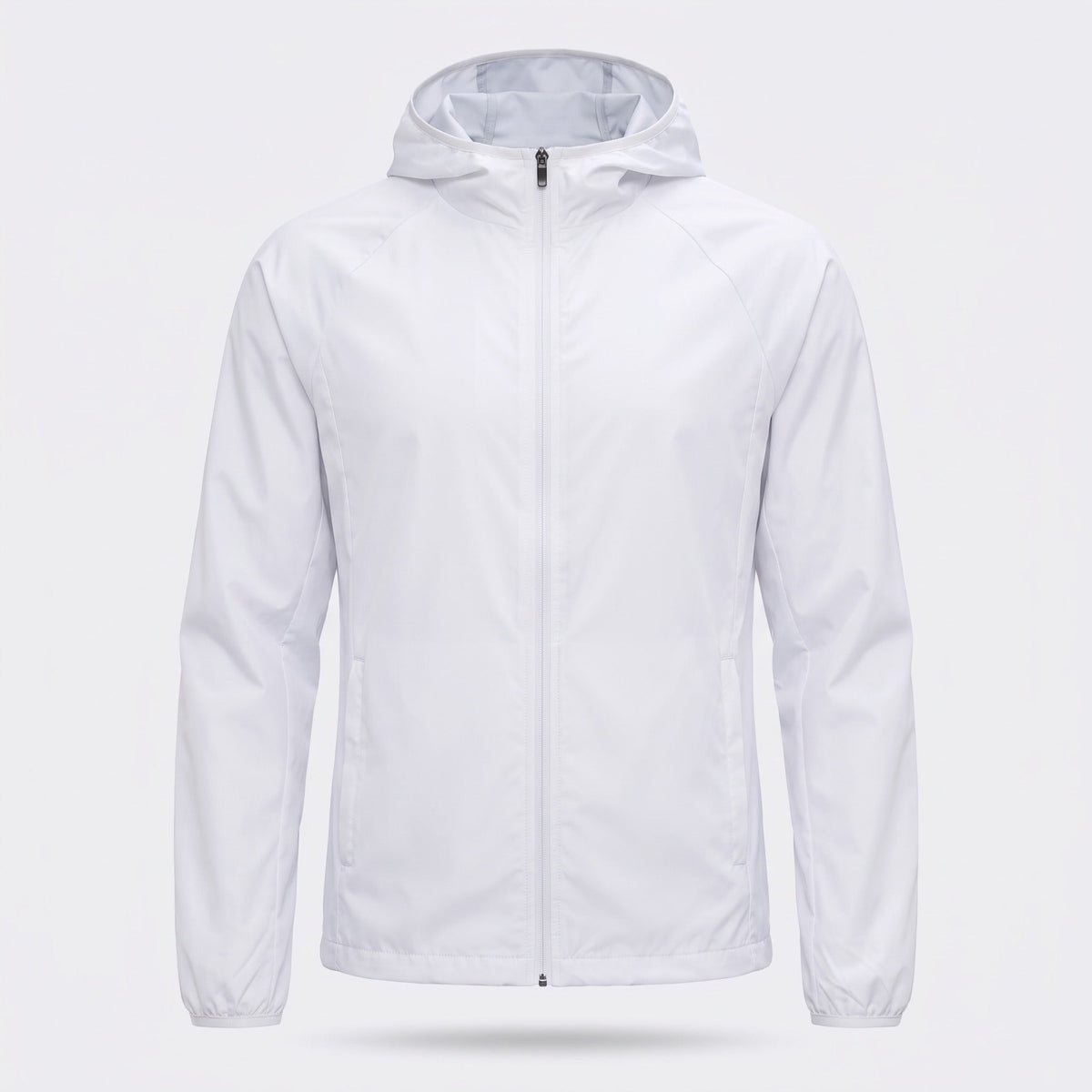 White hooded windbreaker jacket with front zipper, shown on invisible mannequin form | Chaps London