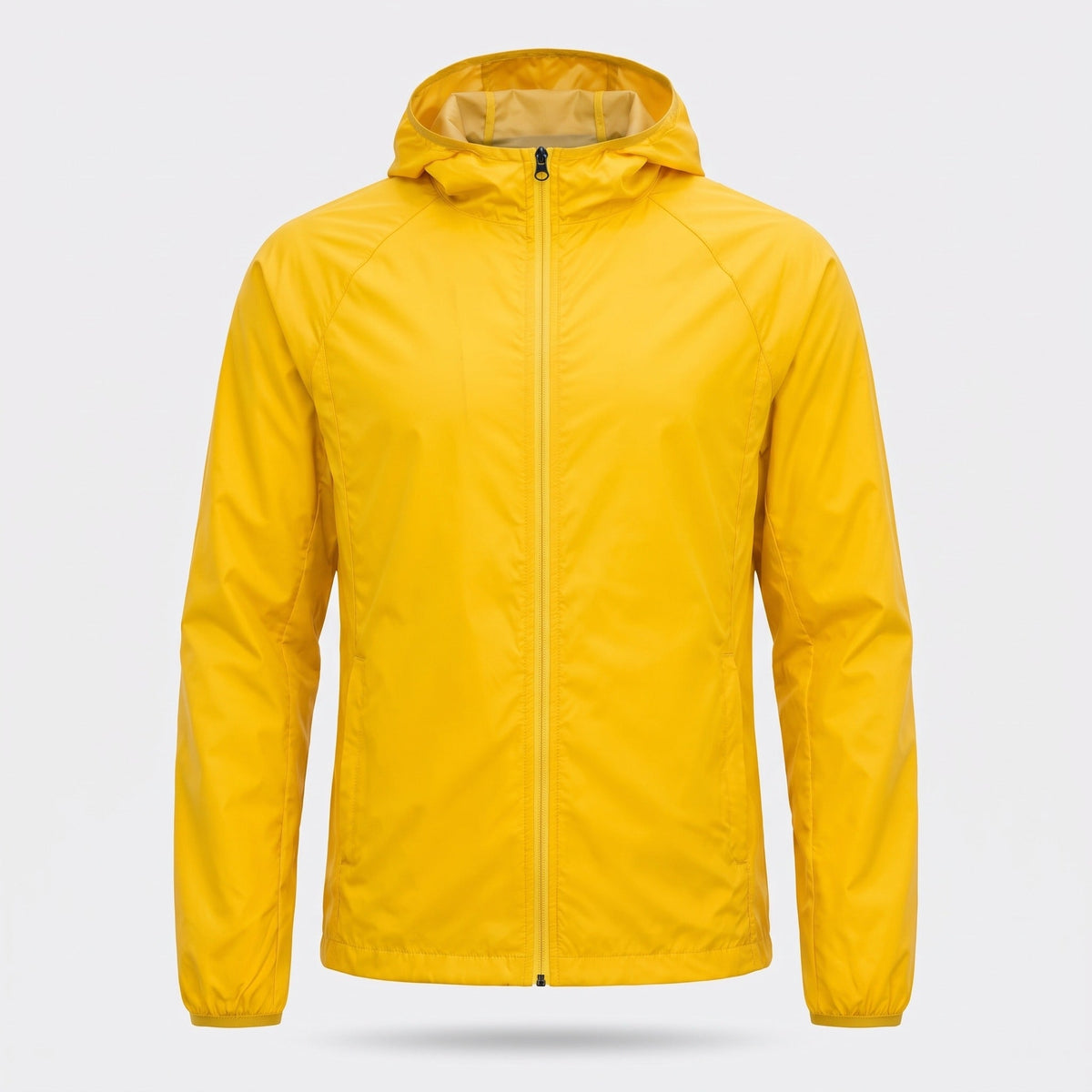 Yellow hooded windbreaker jacket with zipper, shown flat on background | Chaps London