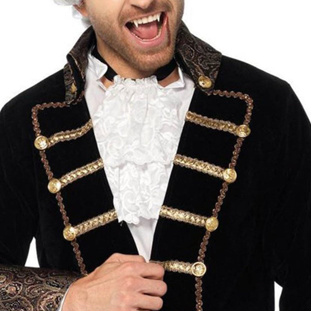Man wearing black velvet jacket with gold trim and lace collar | Chaps London