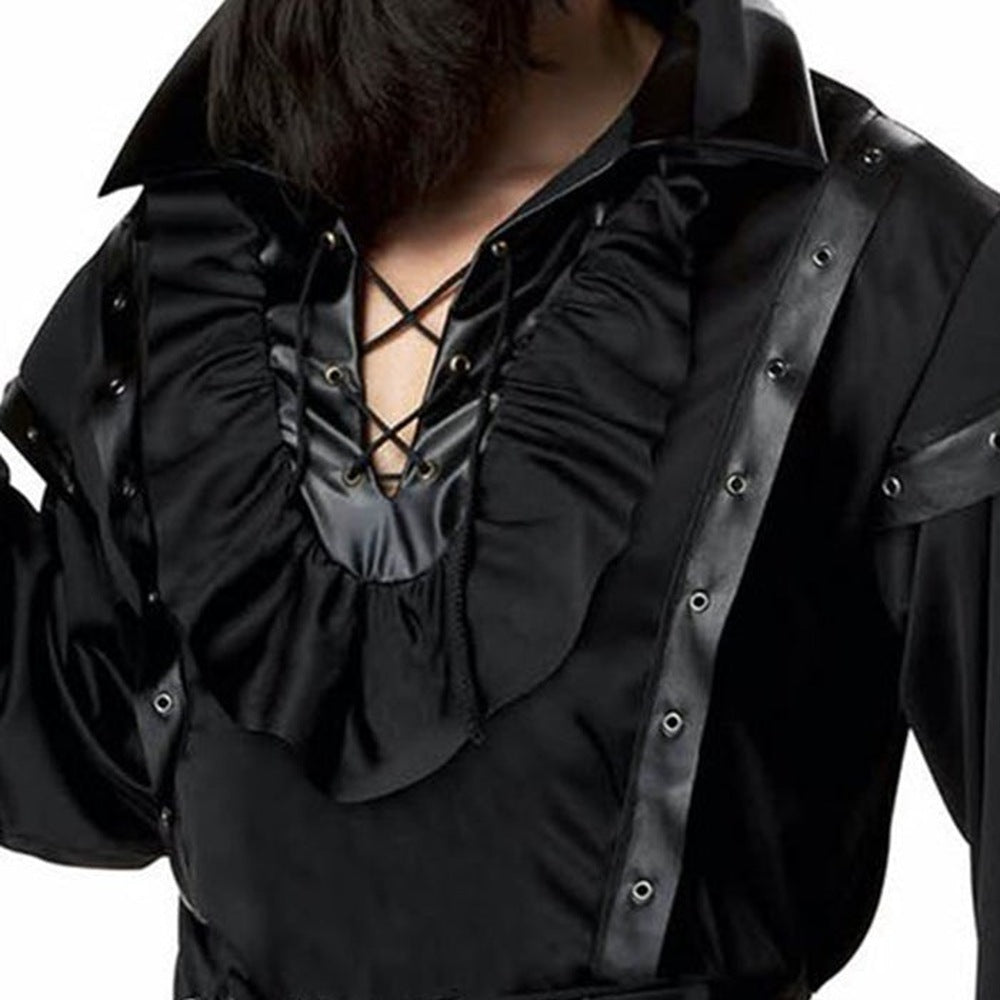 Black ruffled pirate shirt with lace-up neckline and belt strap, worn | Chaps London