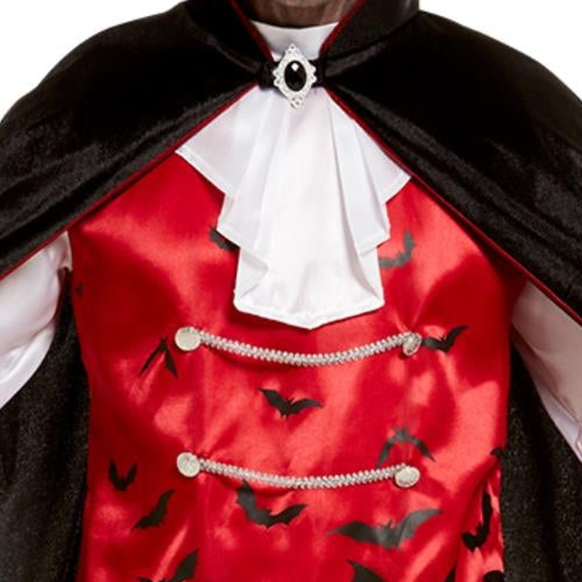 Vampire costume worn by person, red bat-print waistcoat with black cape | Chaps London