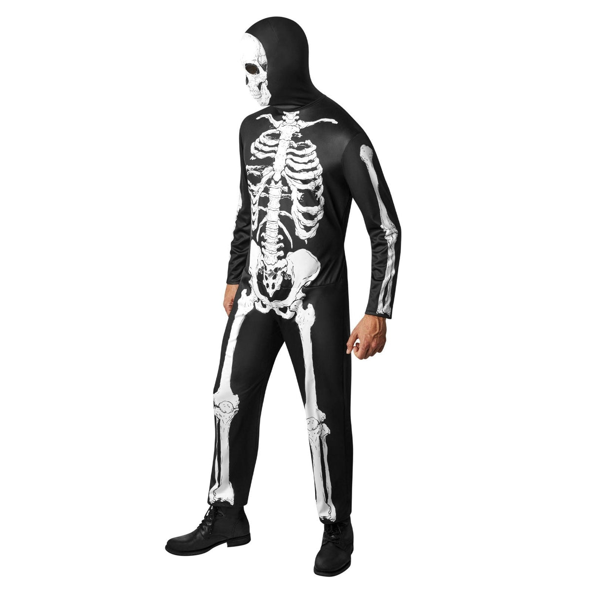 Man wearing black skeleton costume jumpsuit with white bone print and hood | Chaps London