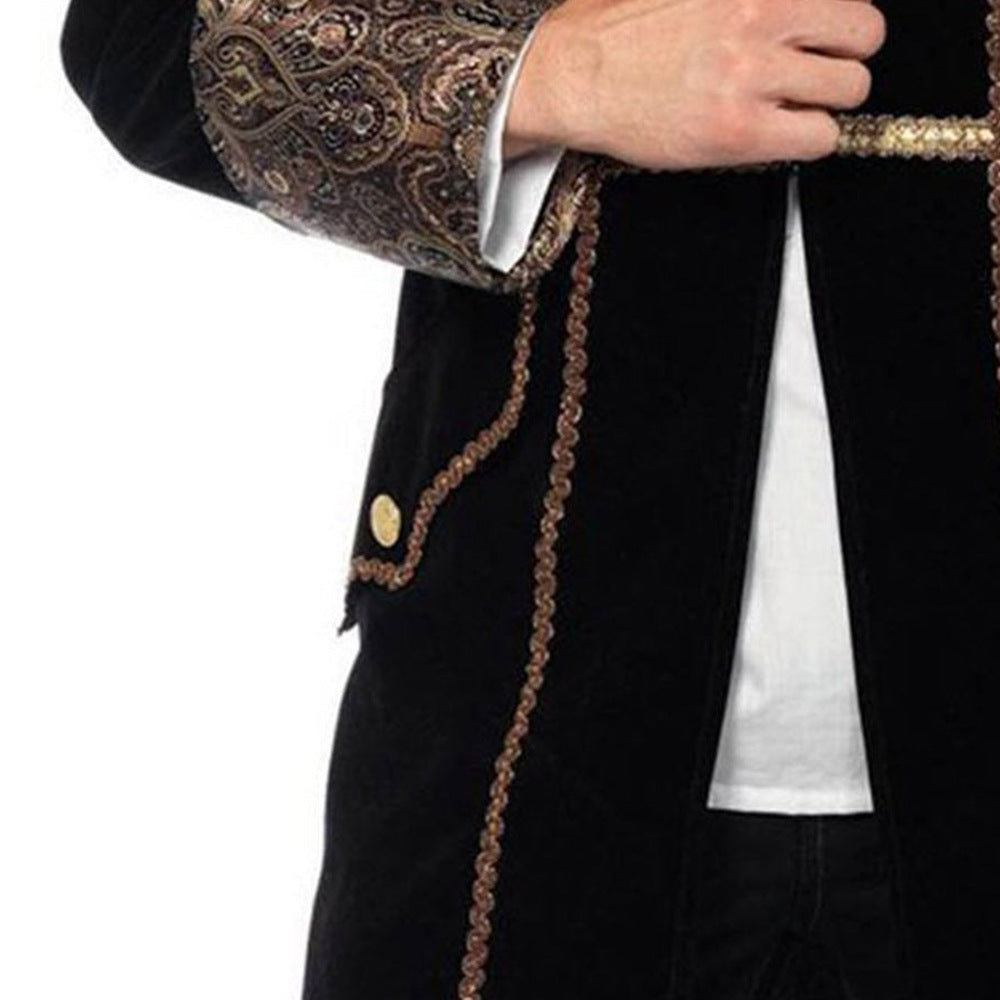 Black velvet jacket with gold brocade cuffs, worn by a man | Chaps London