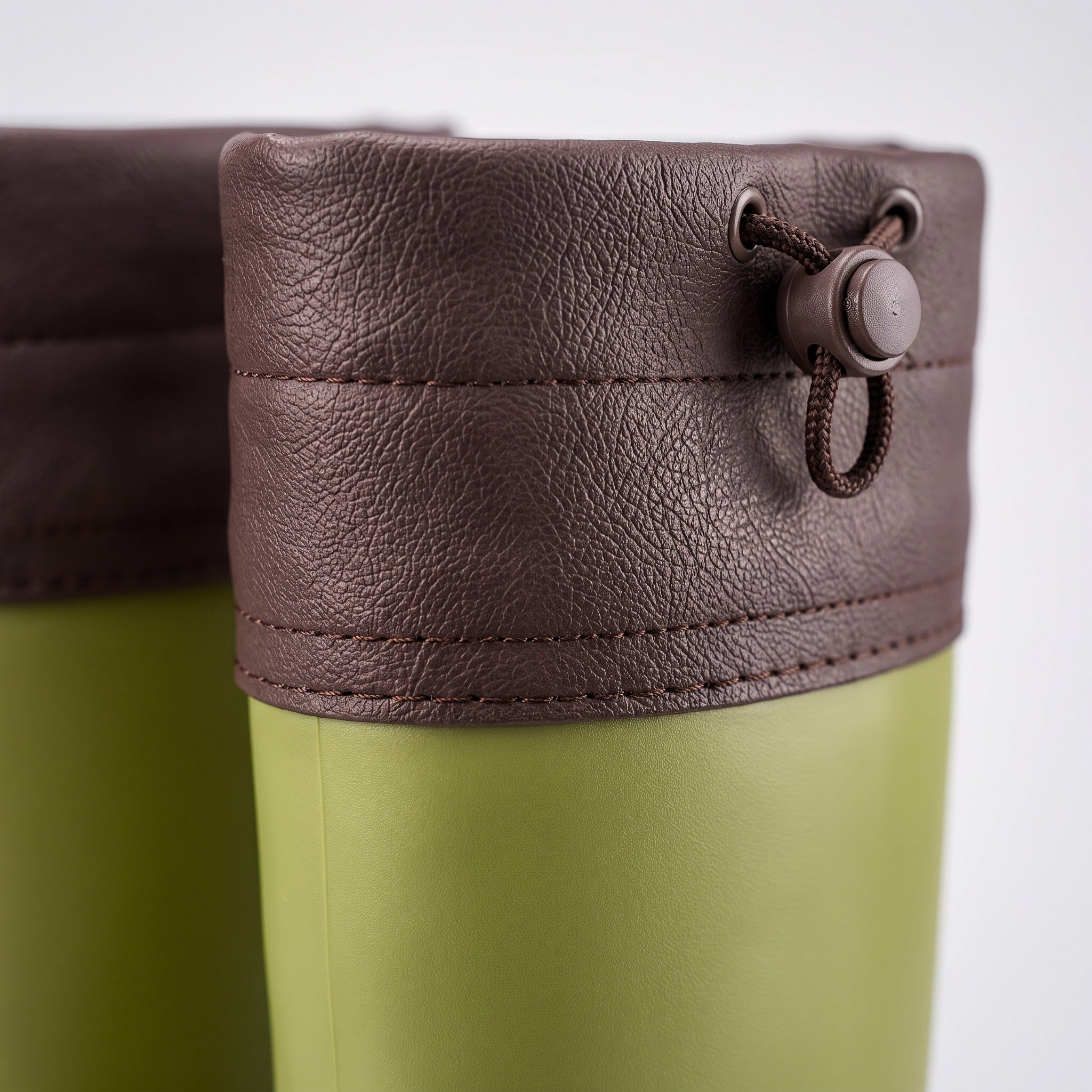 Green wellington boots with brown drawcord cuff, close-up detail shot | Chaps London