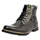 Dark brown leather lace-up boot with side zipper and buckle strap | Chaps London