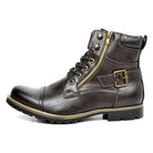 Brown leather biker boot with side zipper and buckle strap detail | Chaps London
