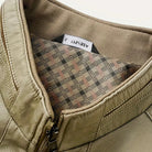 Khaki cotton field jacket collar closeup showing zipper and patterned fabric lining | Chaps London