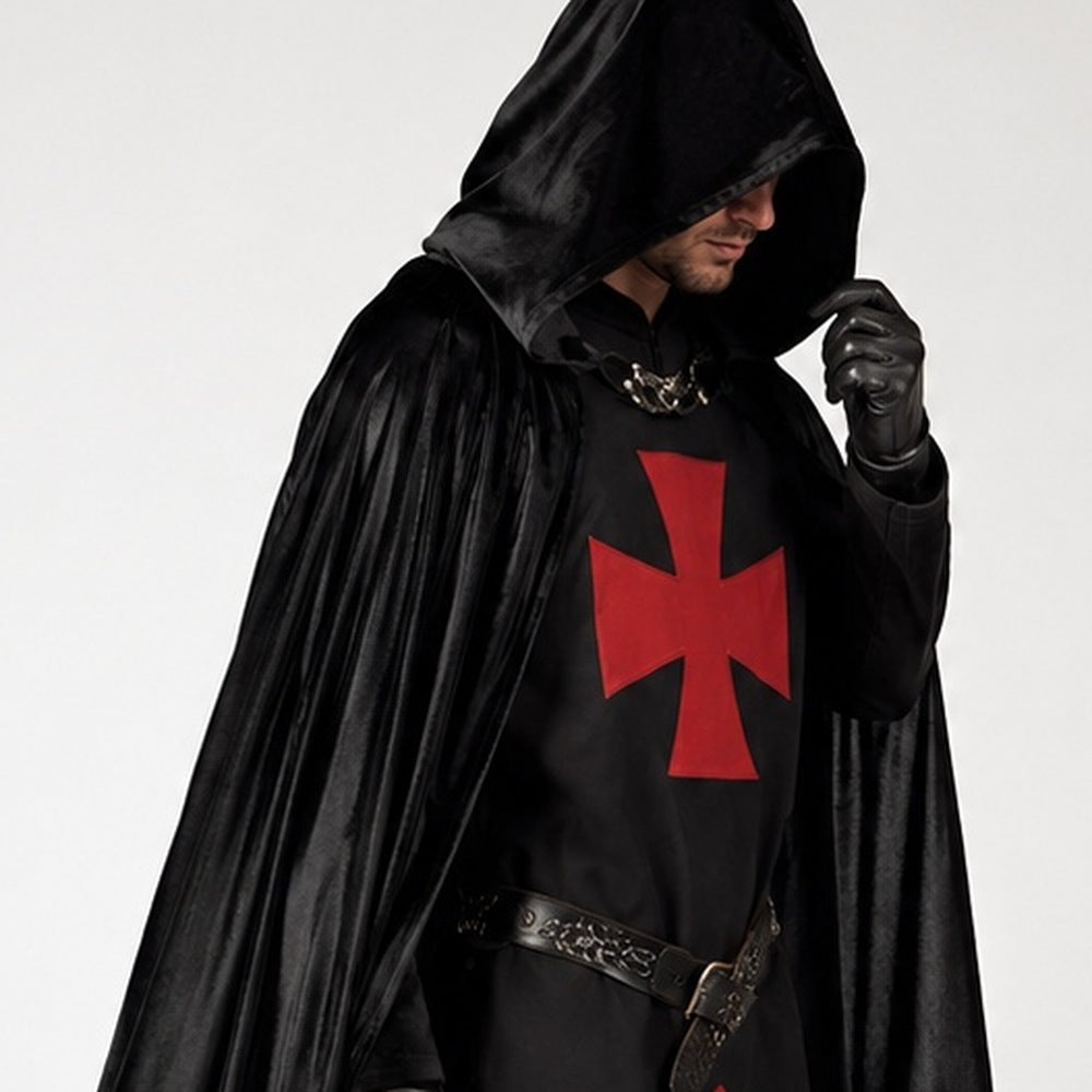 Man wearing black hooded cape with red cross tunic and gloves | Chaps London