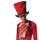 Man wearing red zombie ringmaster costume with top hat and fake blood | Chaps London