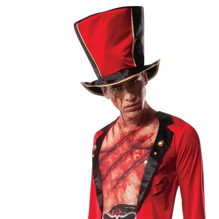 Man wearing red zombie ringmaster costume with top hat and fake blood | Chaps London