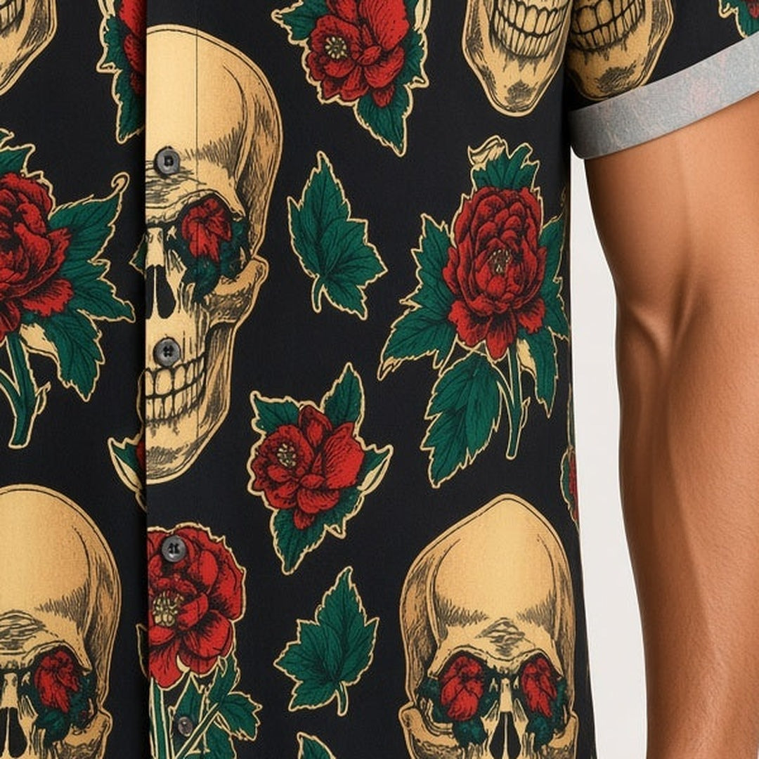 Black shirt with skull and red rose print, worn by person | Chaps London