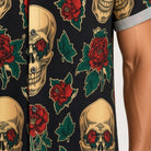 Black shirt with skull and red rose print, worn by person | Chaps London