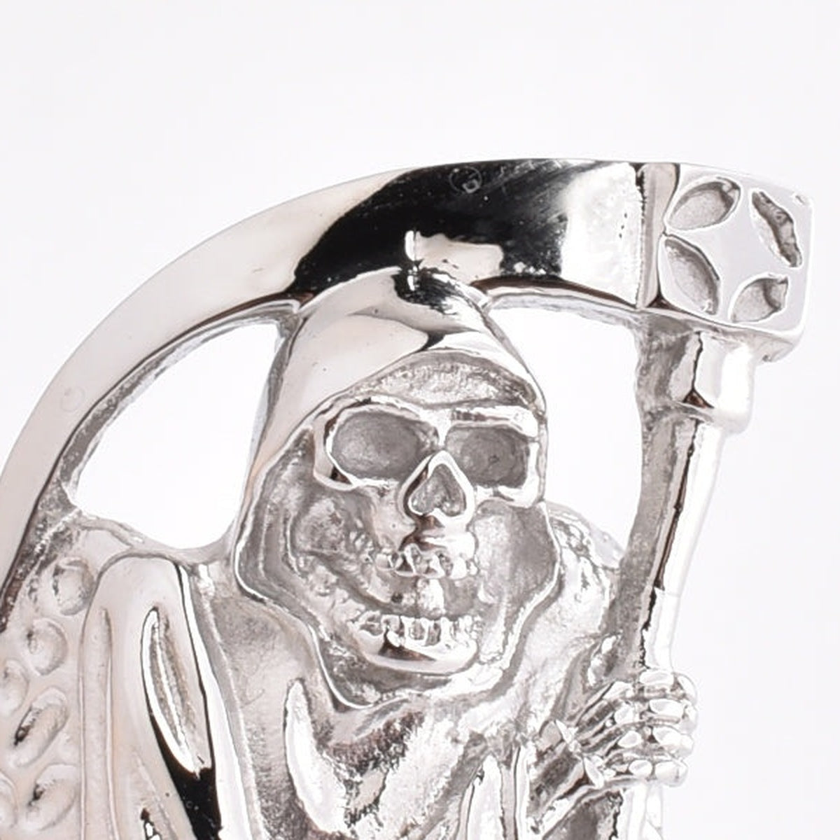 Silver-tone ring featuring a detailed grim reaper skull with scythe, close-up view | Chaps London