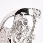 Silver-tone ring featuring a detailed grim reaper skull with scythe, close-up view | Chaps London