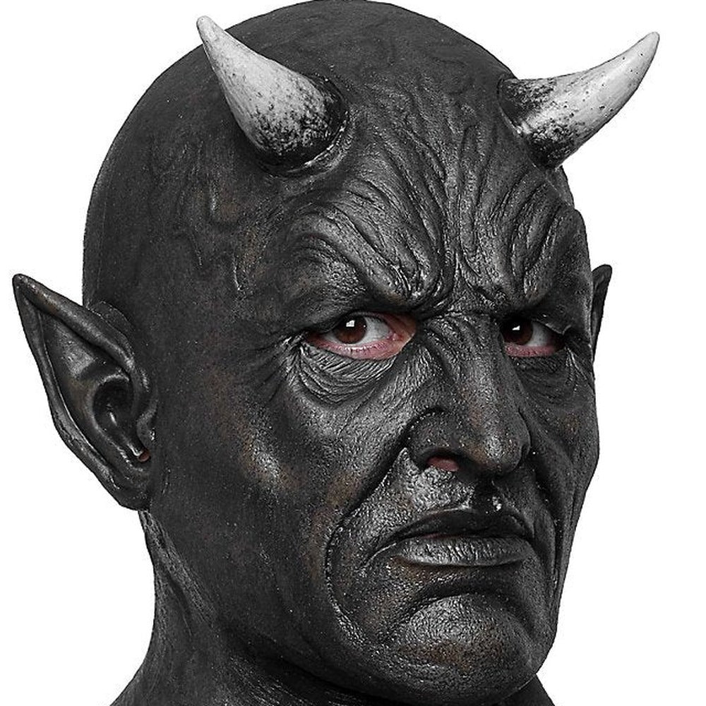 Black demon mask with horns and pointed ears, worn on mannequin head | Chaps London