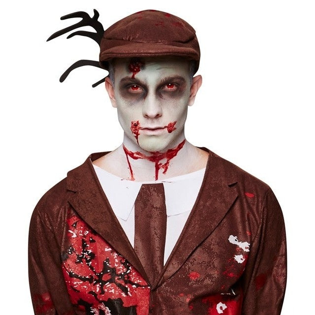 Man wearing brown zombie costume jacket with antlered cap and bloody makeup | Chaps London