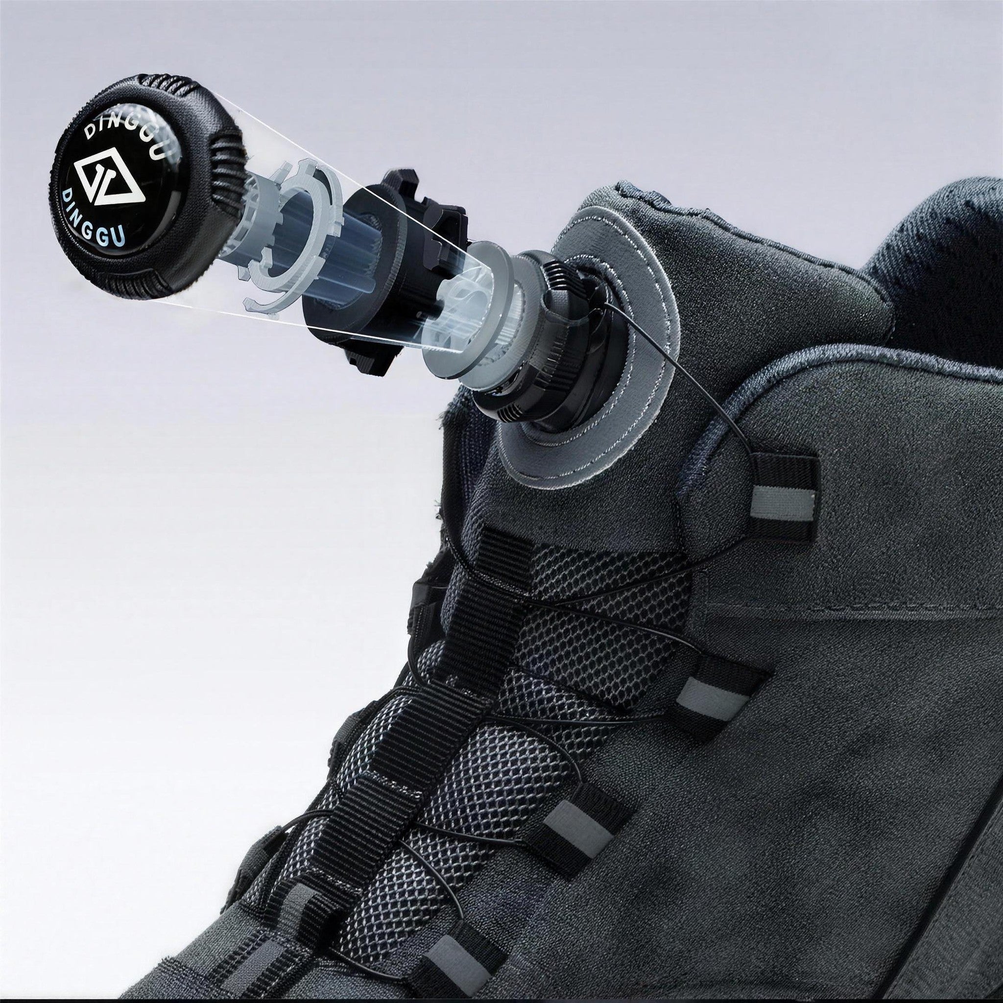 Gray boot with dial lacing system, close-up exploded view showing mechanism | Chaps London