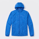 Blue hooded windbreaker jacket with subtle pattern, laid flat, zipped | Chaps London