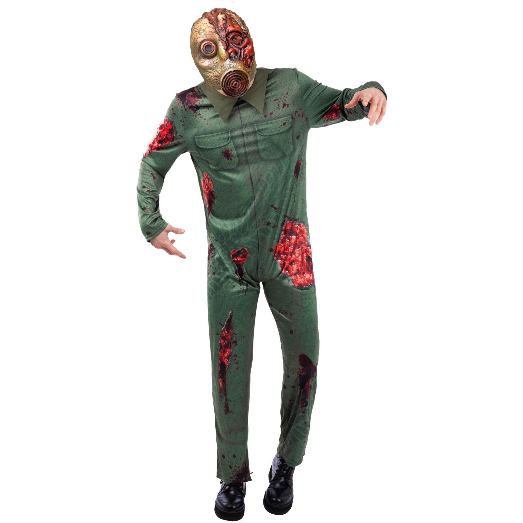 Person wearing green bloody zombie jumpsuit with gas mask costume | Chaps London
