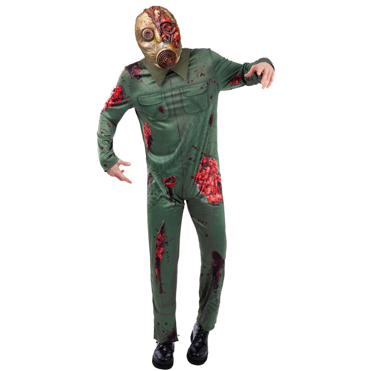 Person wearing green bloody zombie jumpsuit with gas mask costume | Chaps London