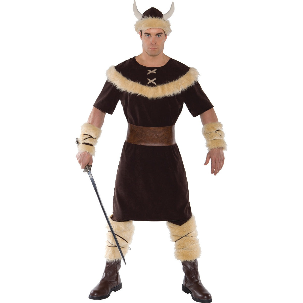 Man wearing brown Viking tunic costume with horned hat and sword | Chaps London