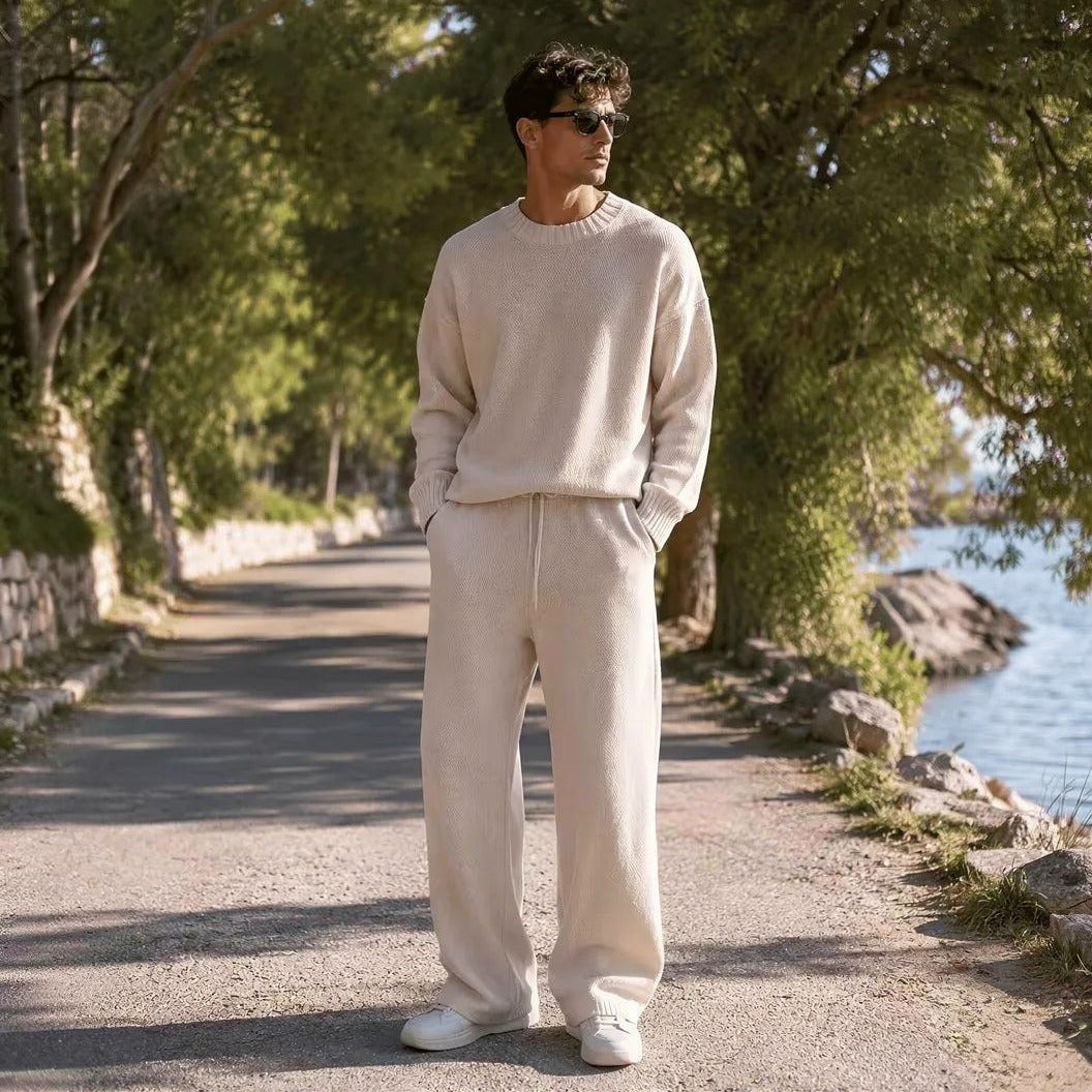 Men's Oversized Knit Set | Crew Neck Jumper | Wide Trousers | Cream