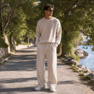 Men's Oversized Knit Set | Crew Neck Jumper | Wide Trousers | Cream