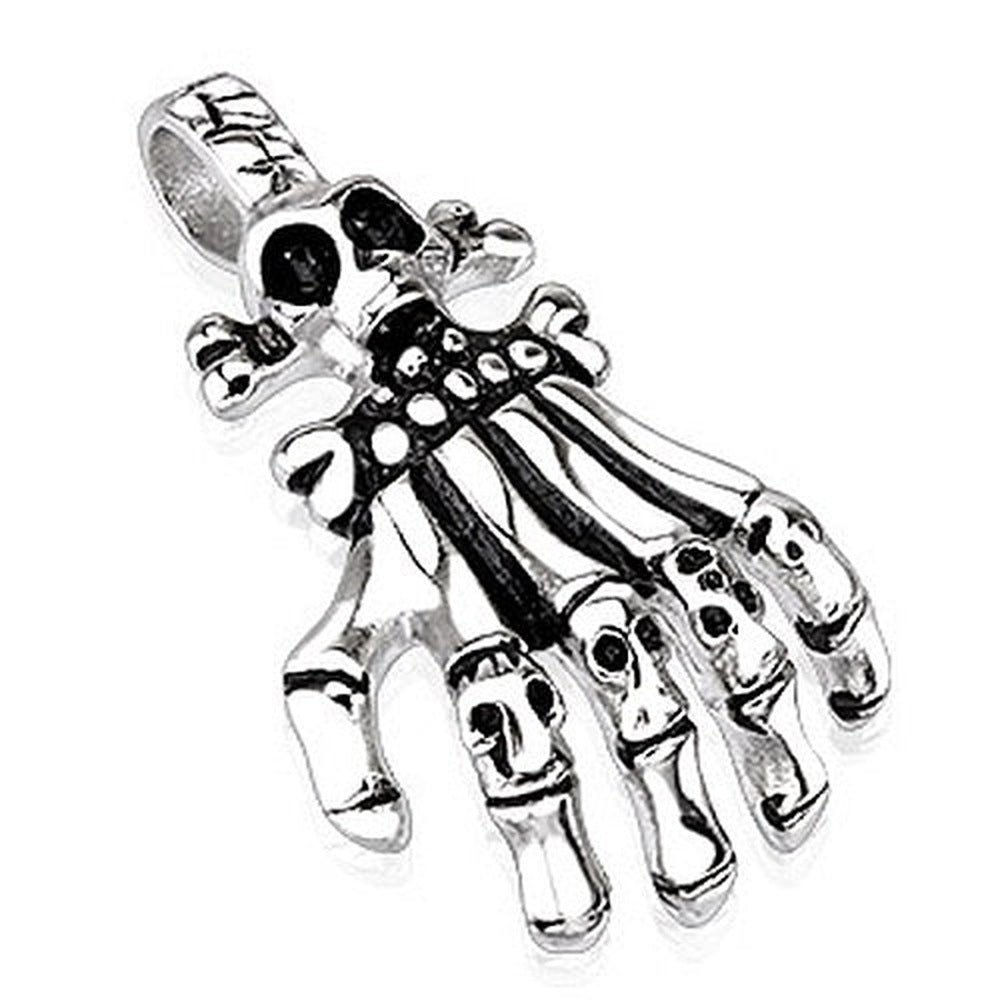 Skeleton hand pendant with skull and crossbones, flat lay, silver tone | Chaps London