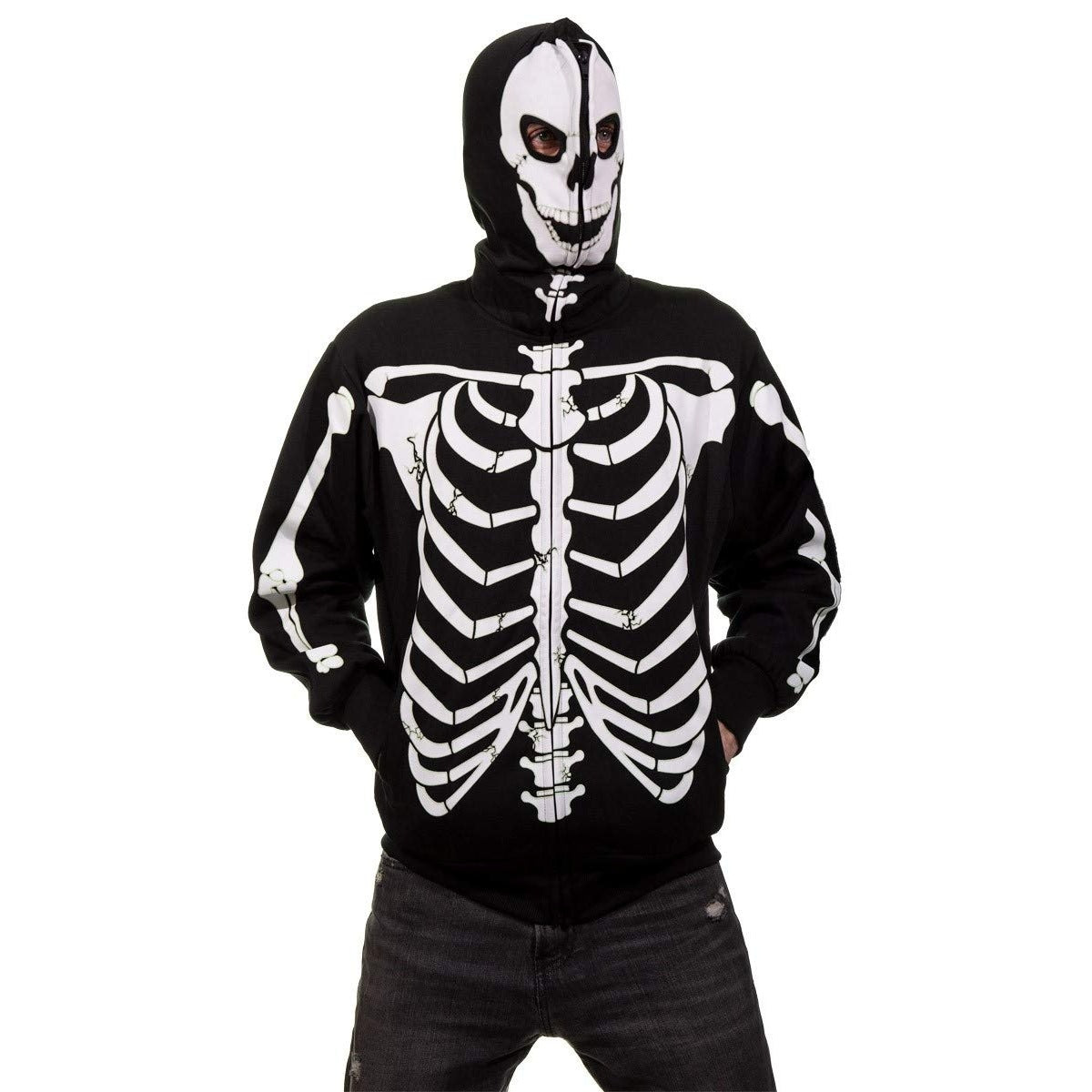 Black skeleton print zip hoodie with skull face mask hood, worn by person | Chaps London